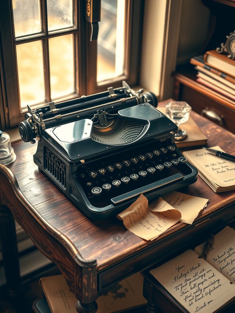 Antique Typewriter on Weathered Desk – free AI stock image