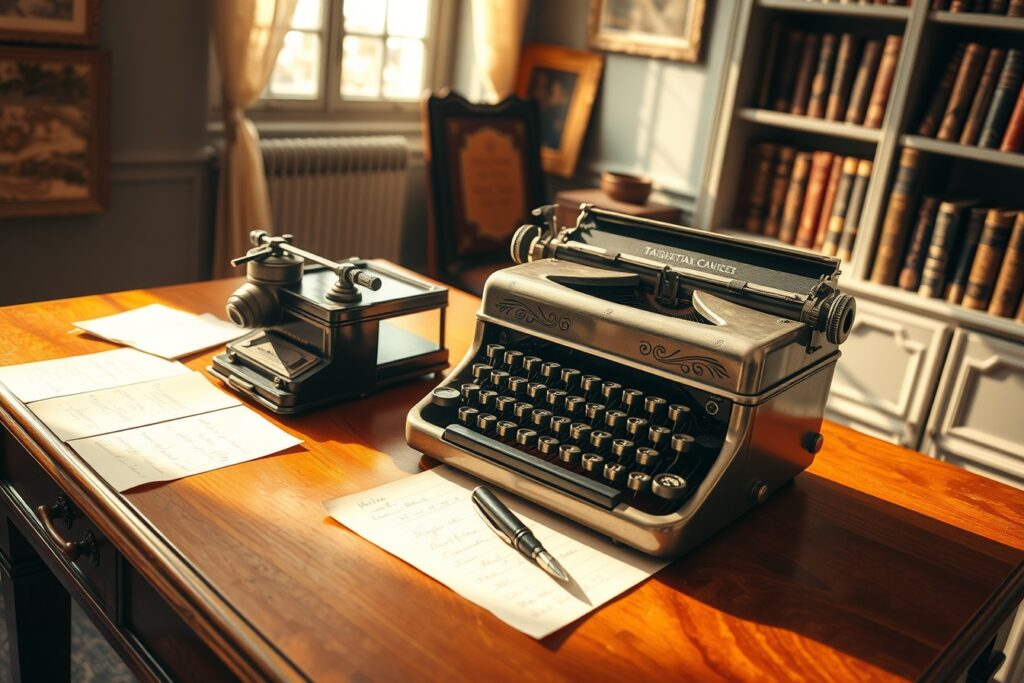 Antique Typewriter on Wooden Desk – free AI stock image