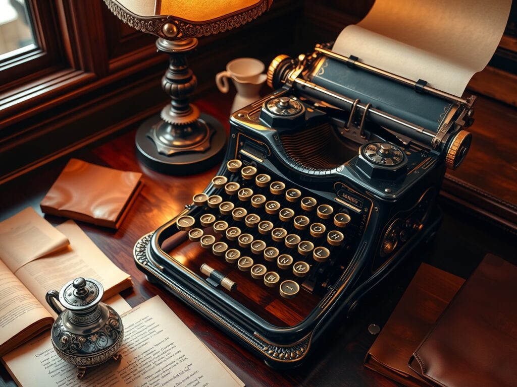 Antique Typewriter on Wooden Desk – free AI stock image