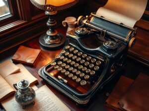 Antique Typewriter on Wooden Desk – free AI stock image