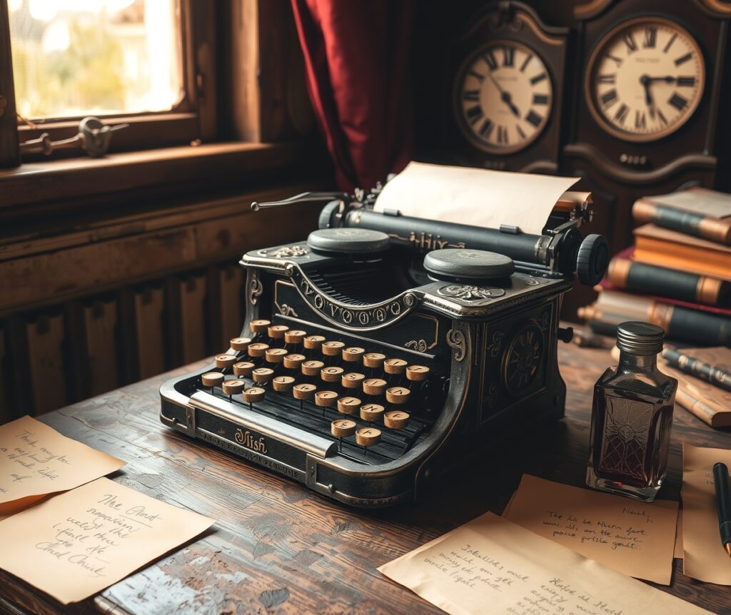Antique Typewriter on Wooden Desk – free AI stock image