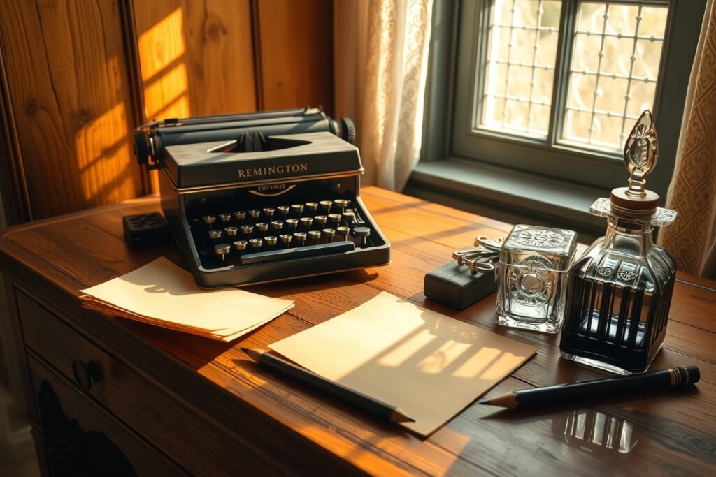 Antique Typewriter on Wooden Desk – free AI stock image