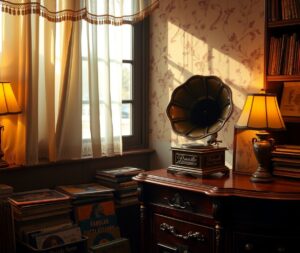 Antique Vinyl Records in a Dim Room – free AI stock image