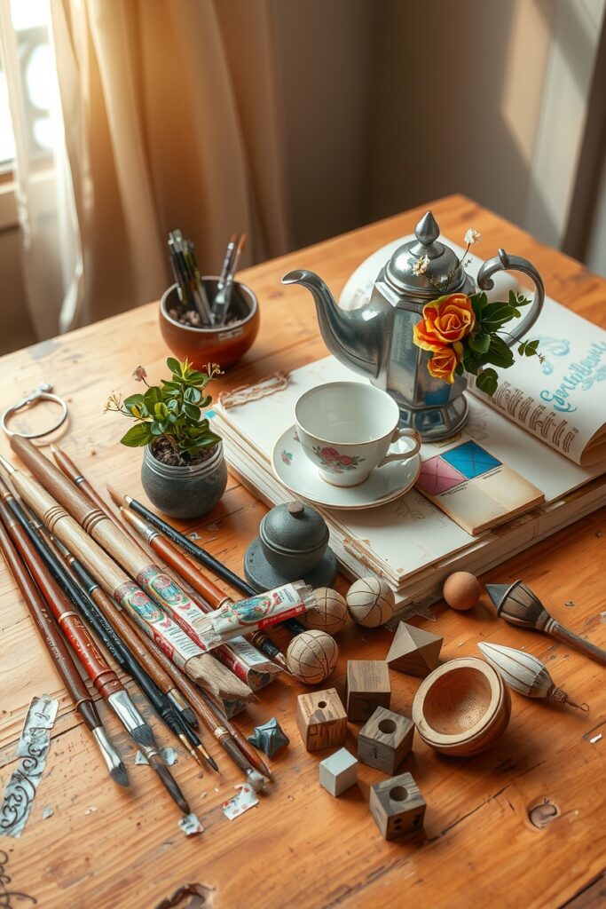 Assorted Objects on a Wooden Table – free AI stock image
