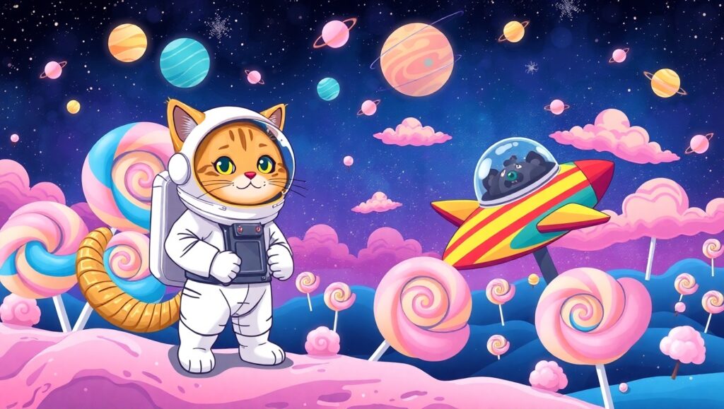 Astronaut Cat on Candy Planet – free AI stock image