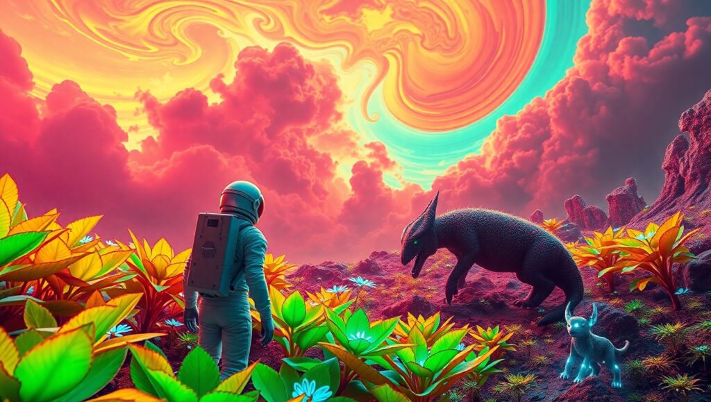 Astronaut’s Journey Through Alien Jungle – free AI stock image