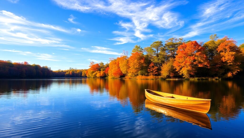 Autumn Canoe at Golden Hour – free AI stock image