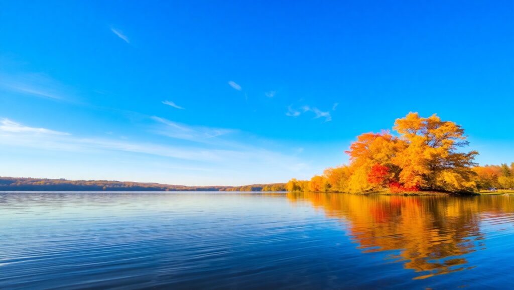 Autumn Lake Reflection Scene – free AI stock image