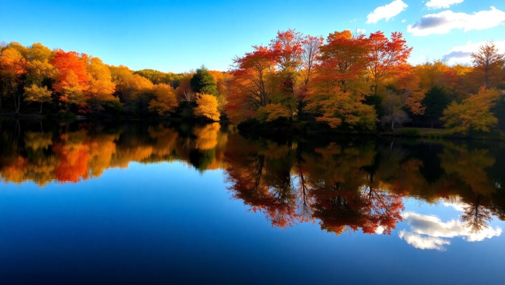 Autumn Reflections on a Tranquil Lake – free AI stock image
