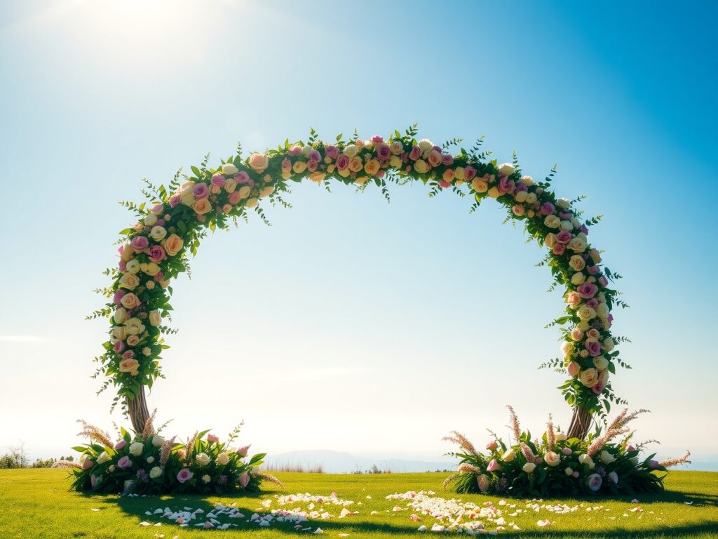 Beautiful Floral Wedding Arch Under Blue Sky – free AI stock image