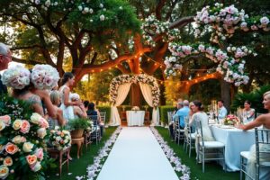 Beautiful Garden Wedding Under Blooming Trees – free AI stock image