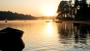 Beautiful Sunrise Over Misty Lake – free AI stock image