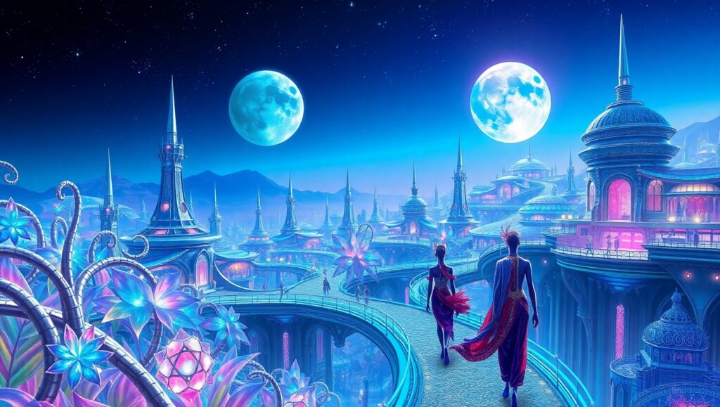 Bioluminescent Alien Cityscape – free AI stock image
