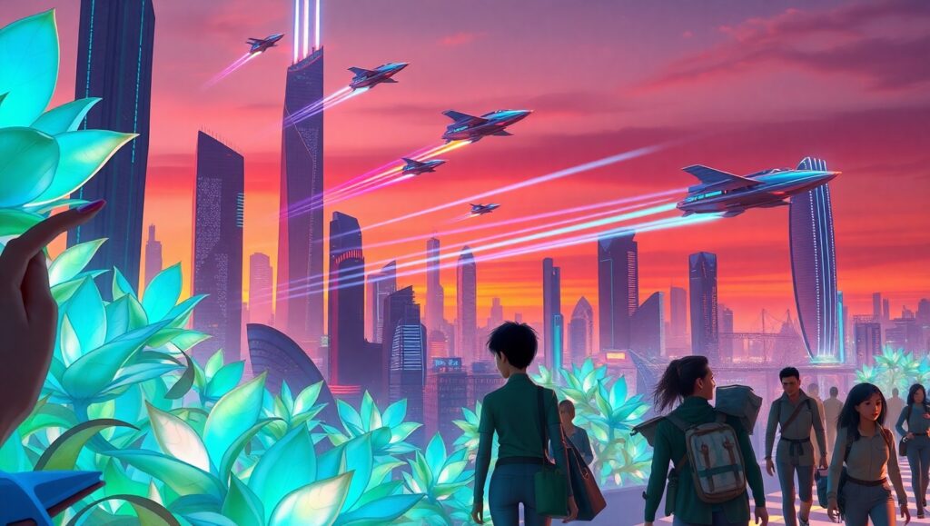 Bioluminescent City at Dusk – free AI stock image