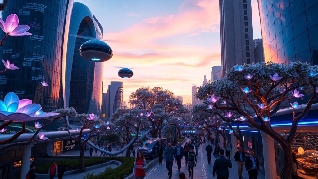 Bioluminescent City at Dusk – free AI stock image