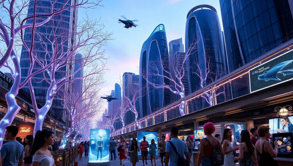 Bioluminescent City at Dusk – free AI stock image