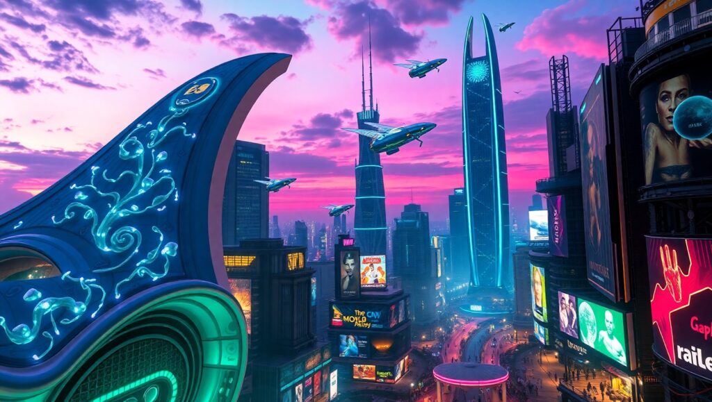 Bioluminescent City at Twilight – free AI stock image