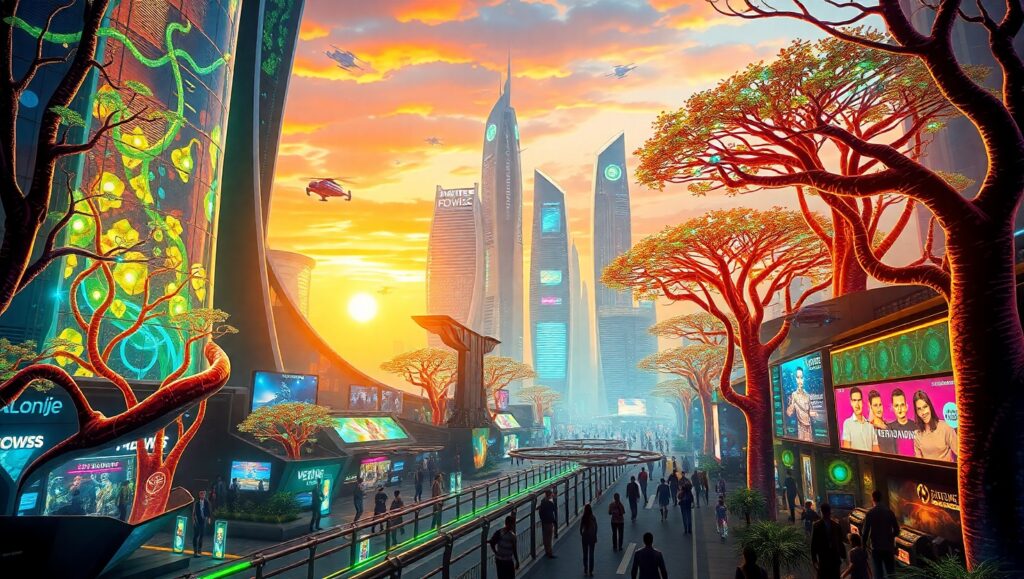 Bioluminescent Future City – free AI stock image