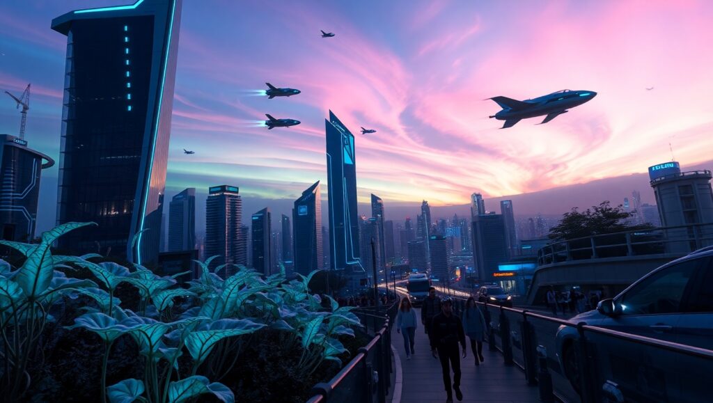 Bioluminescent Future Cityscape – free AI stock image