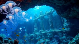 Bioluminescent Ruins Underwater – free AI stock image