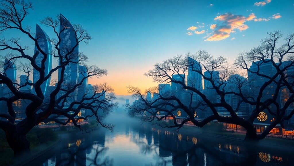 Bioluminescent Skyscrapers and Nature – free AI stock image