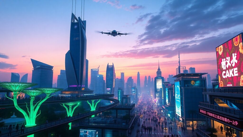 Bioluminescent Skyscrapers at Twilight – free AI stock image