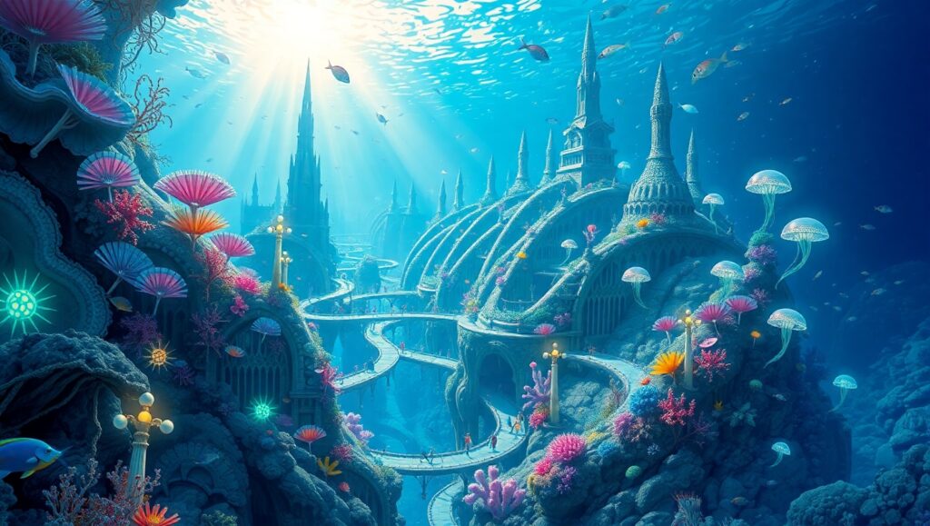 Bioluminescent Underwater Cityscape – free AI stock image