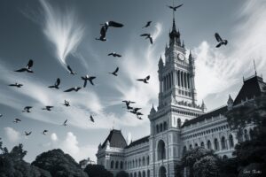 Birds Perched on Historic Parliament Building – free AI stock image