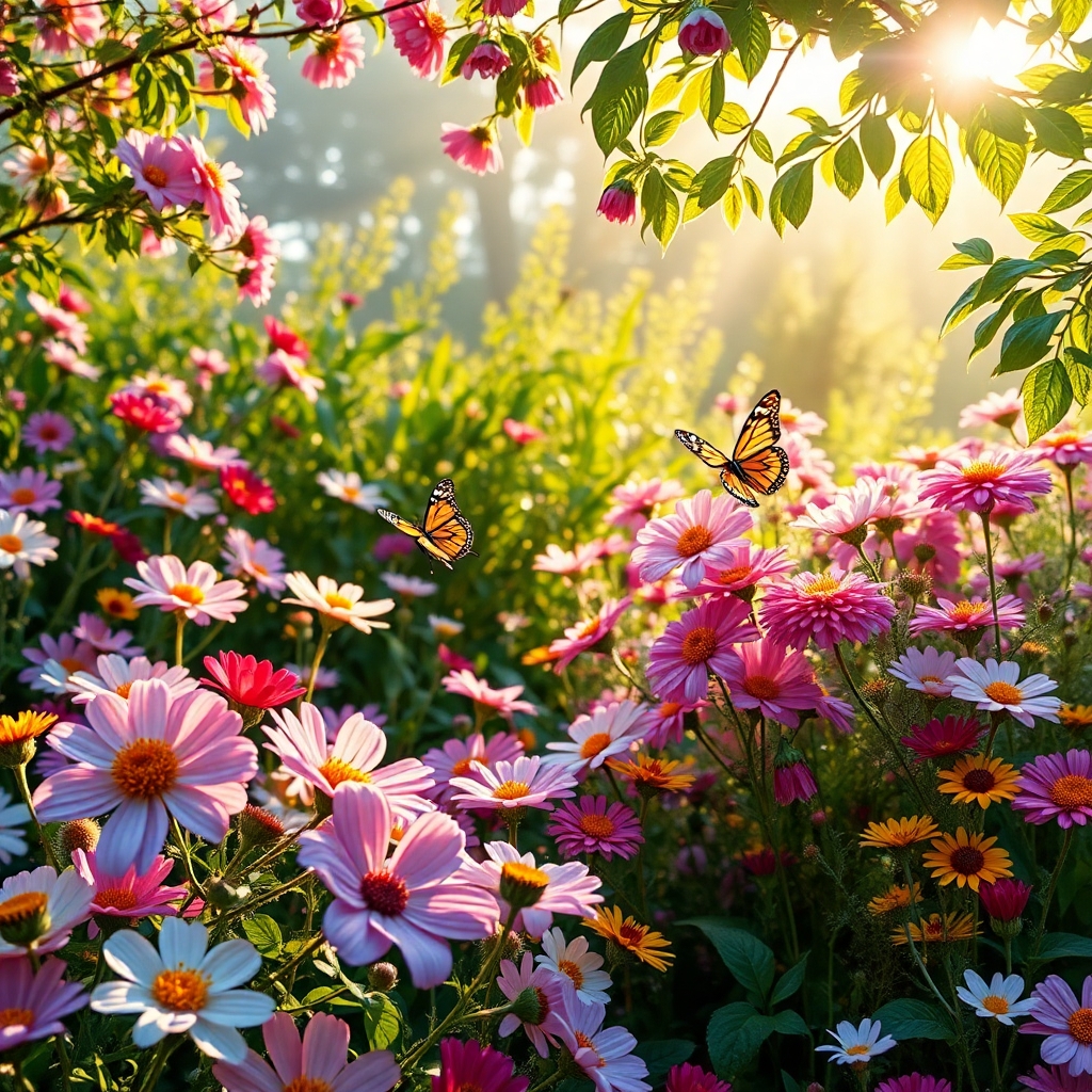Blooming Garden Under the Morning Sun – free AI stock image