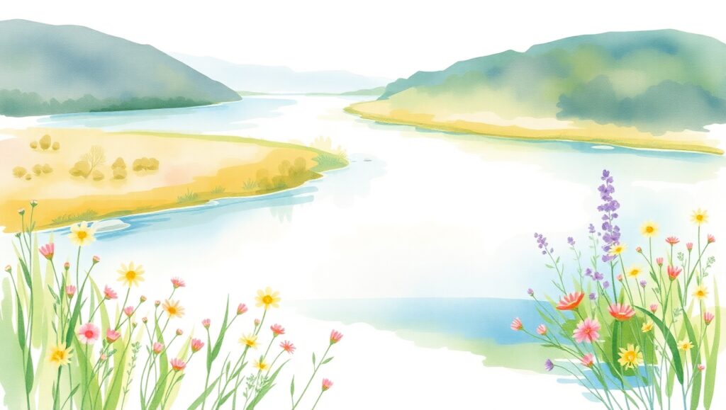 Blooming River Landscape in Watercolor – free AI stock image