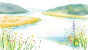 Blooming River Landscape in Watercolor – free AI stock image