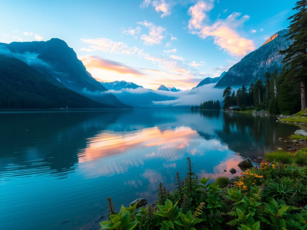 Breathtaking Mountain Lake at Sunrise – free AI stock image