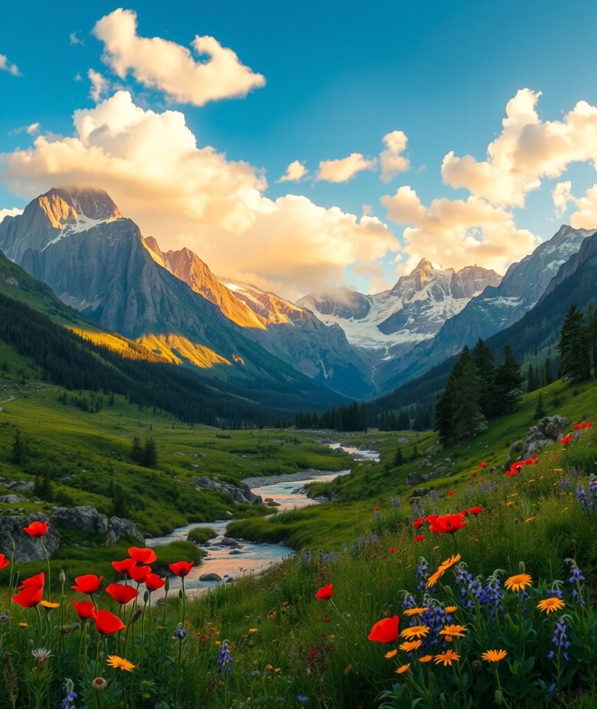 Breathtaking Mountain Landscape at Sunrise – free AI stock image