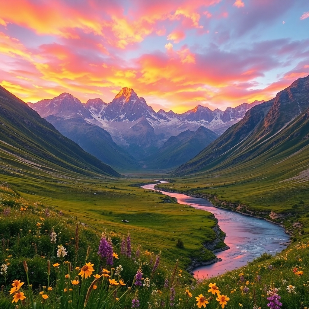 Breathtaking Mountain Landscape at Sunset – free AI stock image