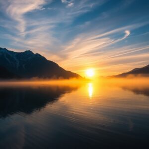 Breathtaking Sunrise over Serene Lake – free AI stock image