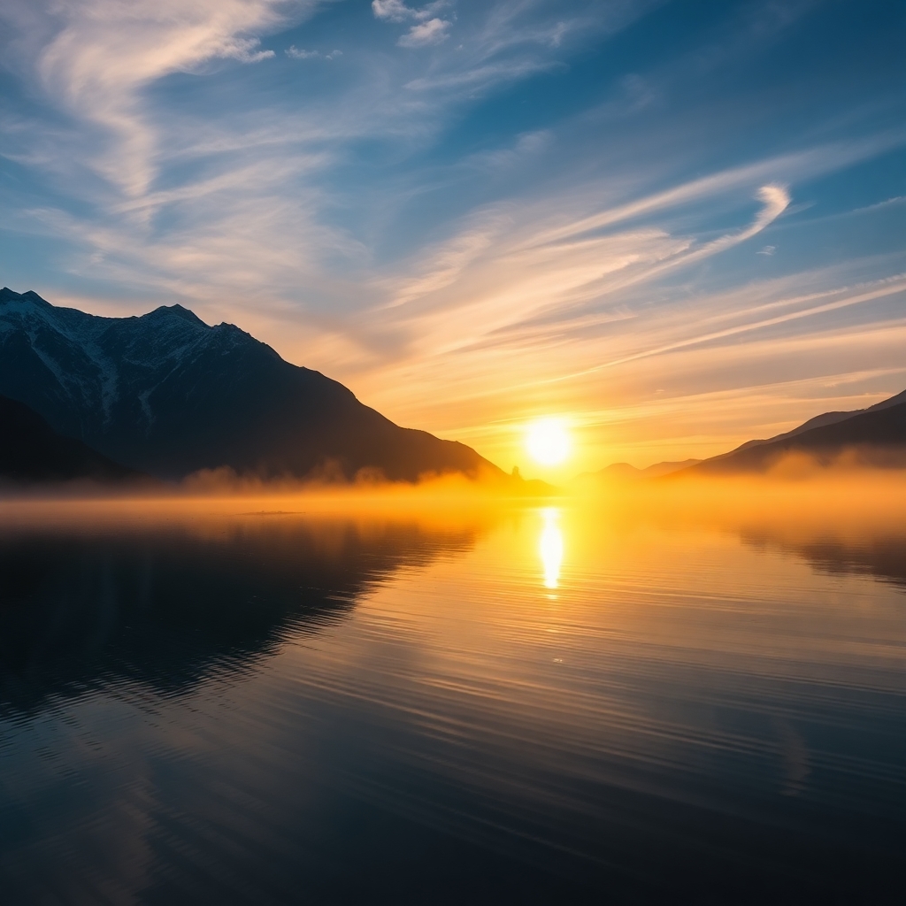 Breathtaking Sunrise over Serene Lake – free AI stock image