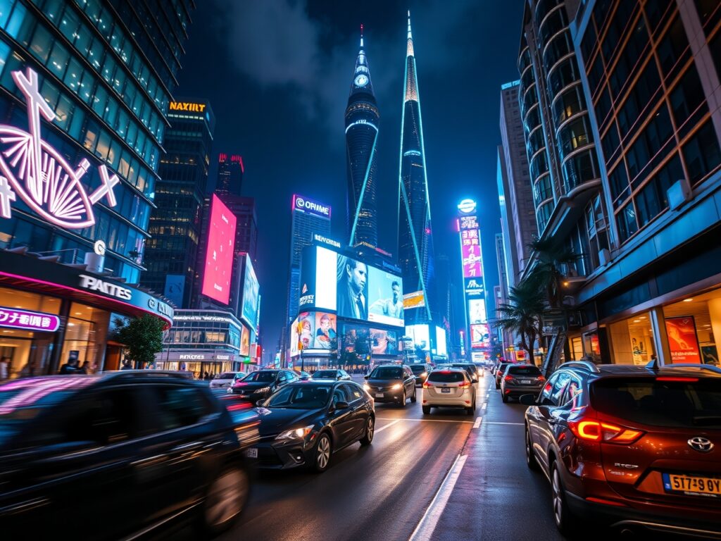 Bright Neon Lights of a Busy City Street – free AI stock image