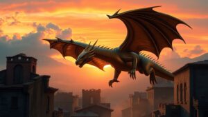 Bronze Dragon Over Ancient City – free AI stock image