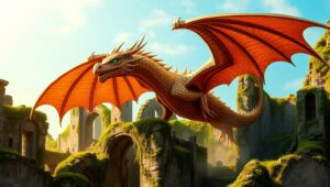 Bronze Dragon Over Ancient Ruins – free AI stock image