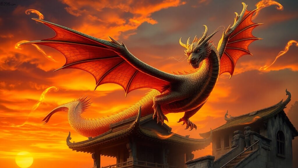 Bronze Dragon Over Ancient Temple – free AI stock image