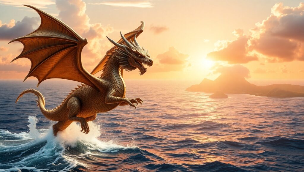 Bronze Dragon Over Sunset Waves – free AI stock image