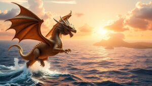 Bronze Dragon Over Sunset Waves – free AI stock image