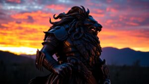 Bronze Warrior Against Sunset – free AI stock image