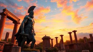 Bronze Warrior Amidst Ancient Ruins – free AI stock image