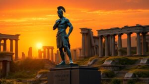 Bronze Warrior Among Ancient Ruins – free AI stock image