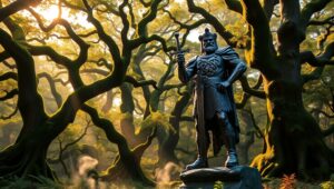 Bronze Warrior in Ancient Forest – free AI stock image