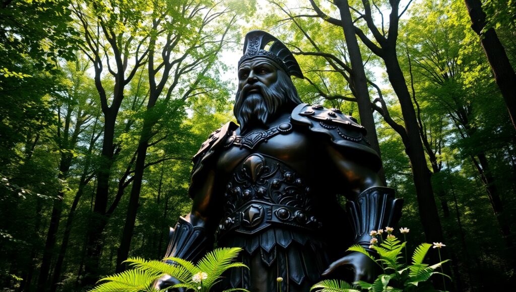 Bronze Warrior in Lush Forest – free AI stock image