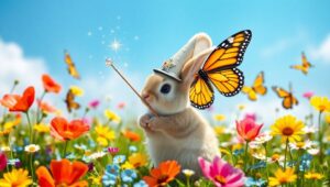 Bunny Wizard in a Flower Meadow – free AI stock image