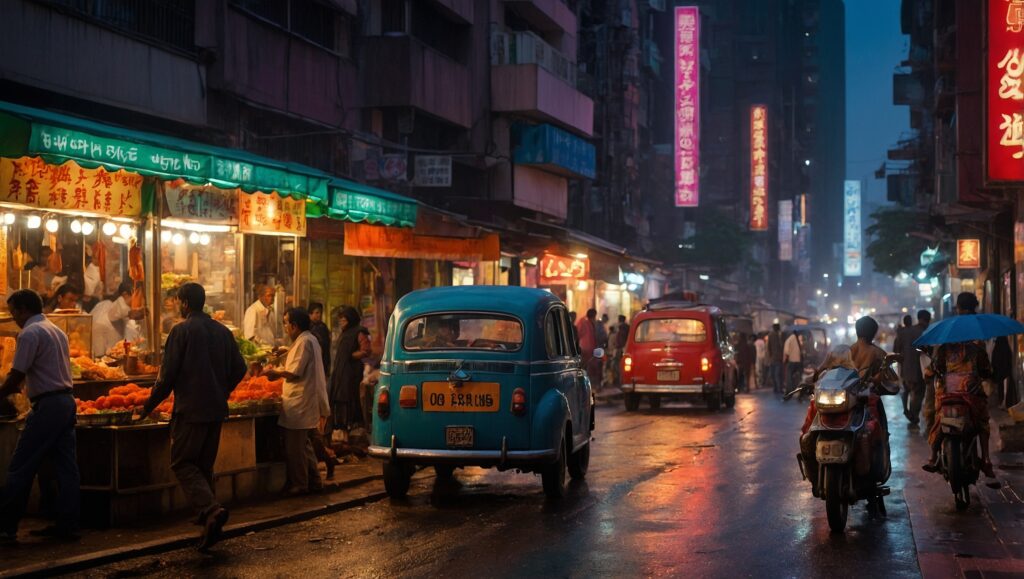 Bustling City Street at Dusk – free AI stock image
