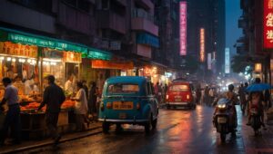Bustling City Street at Dusk – free AI stock image